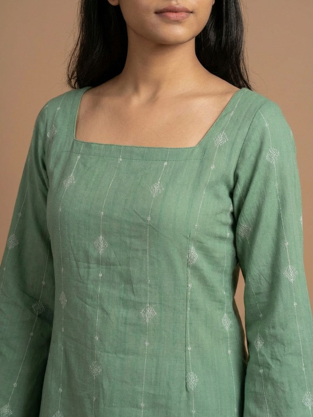 Elegant Sage Green Cotton Kurti -Square neck - with Bell Sleeves