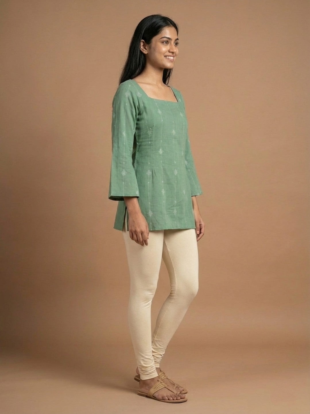 Elegant Sage Green Cotton Kurti -Square neck - with Bell Sleeves