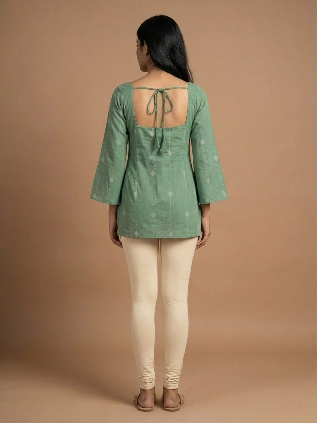 Elegant Sage Green Cotton Kurti -Square neck - with Bell Sleeves