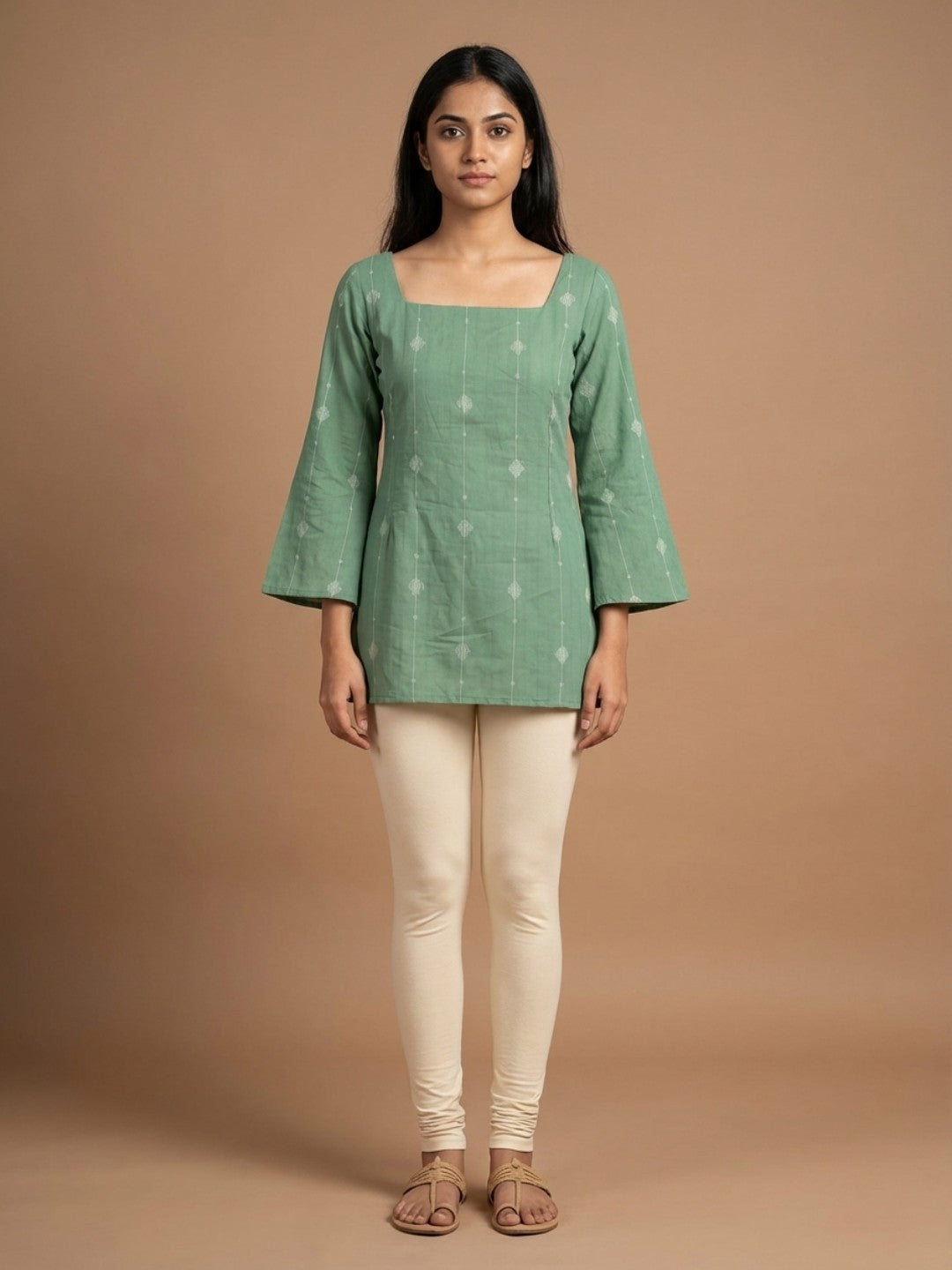 Elegant Sage Green Cotton Kurti -Square neck - with Bell Sleeves