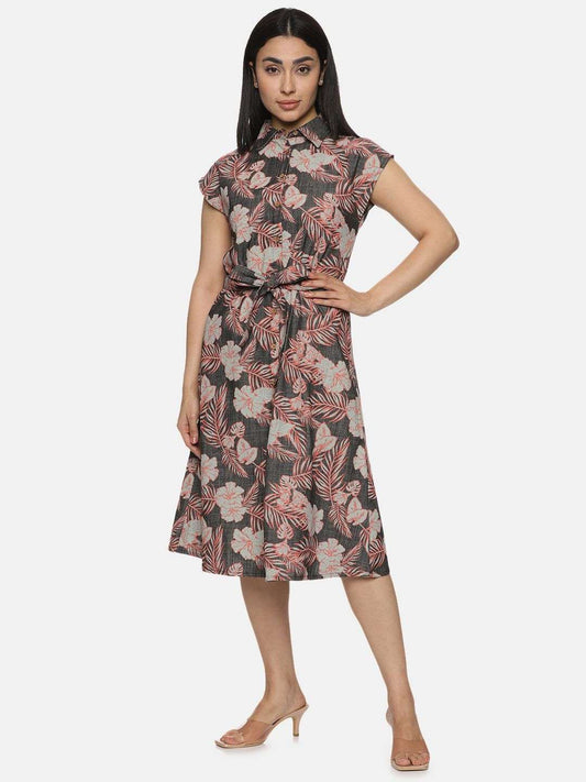 Tropical Printed Denim Dress