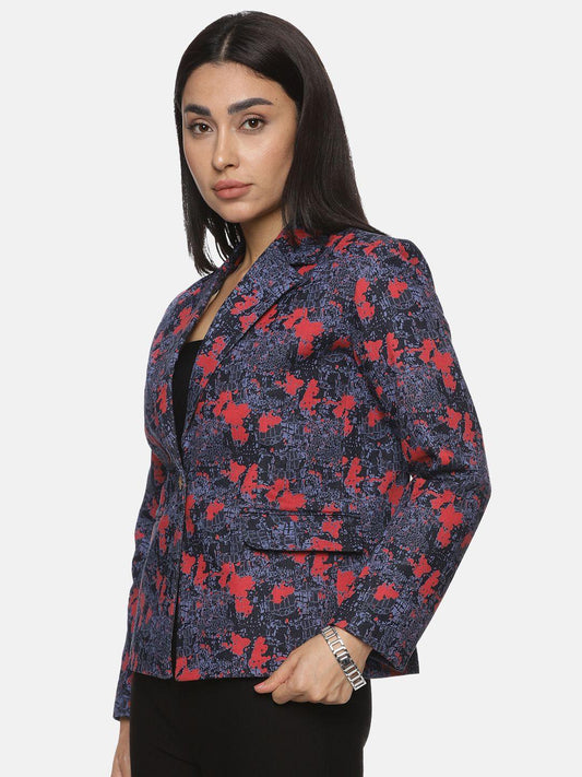 Blue Cotton Cambric Blazer: Casual Printed Elegance with Tailored Fit