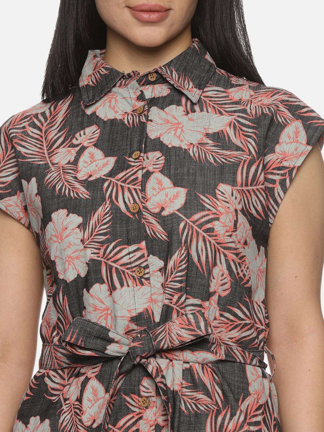 Tropical Printed Denim Dress