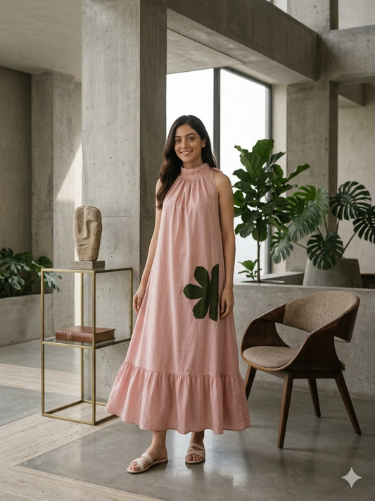Blush Pink MulMul Halter Neck Floral Applique work Maxi Dress