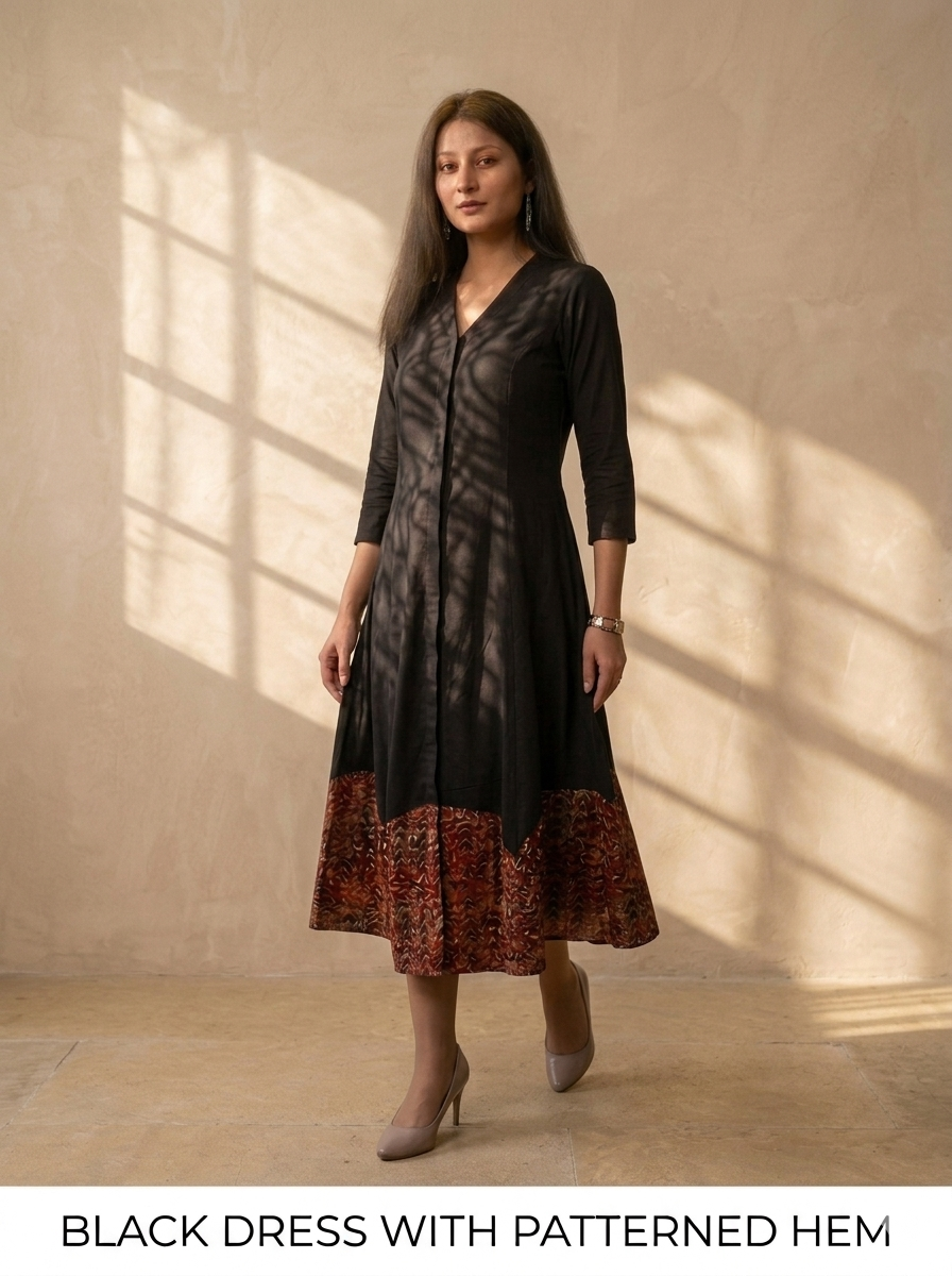 Hand-Loomed Kalamkari Hem Cotton A-Line Midi Dress in Black