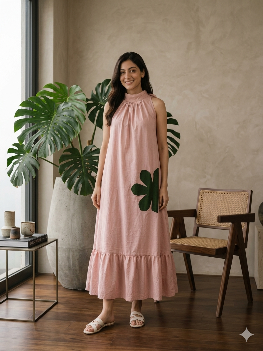 Blush Pink MulMul Halter Neck Floral Applique work Maxi Dress