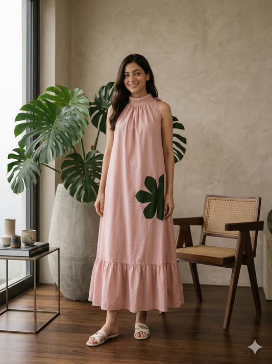 Blush Pink MulMul Halter Neck Floral Applique work Maxi Dress