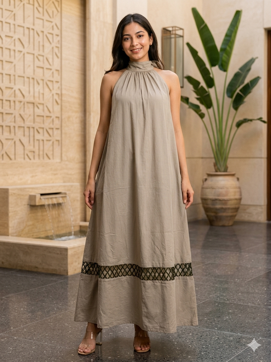 Beige Mulmul Cutwork Halter Neck Dress