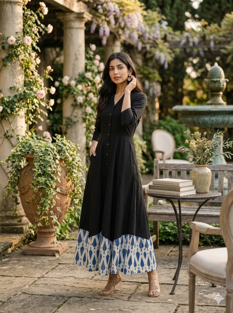 Hand-Loomed Indigo Hem Cotton A-Line Midi Dress in Black