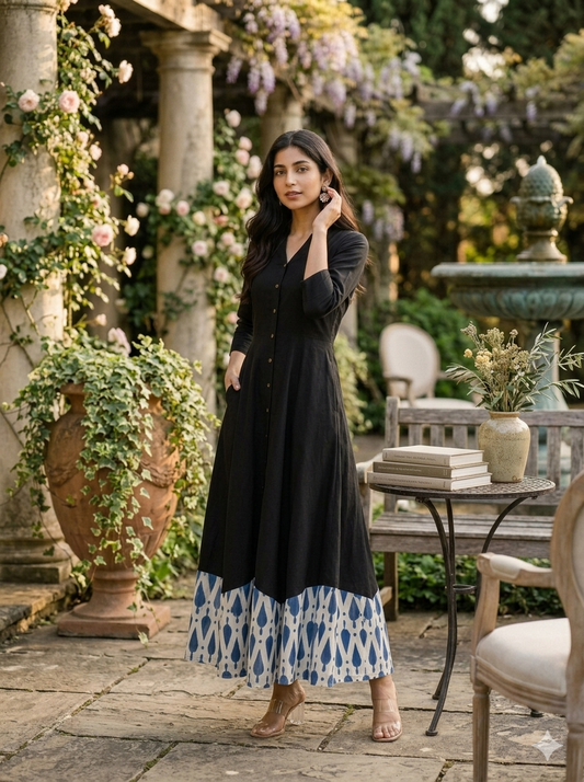 Hand-Loomed Indigo Hem Cotton A-Line Midi Dress in Black