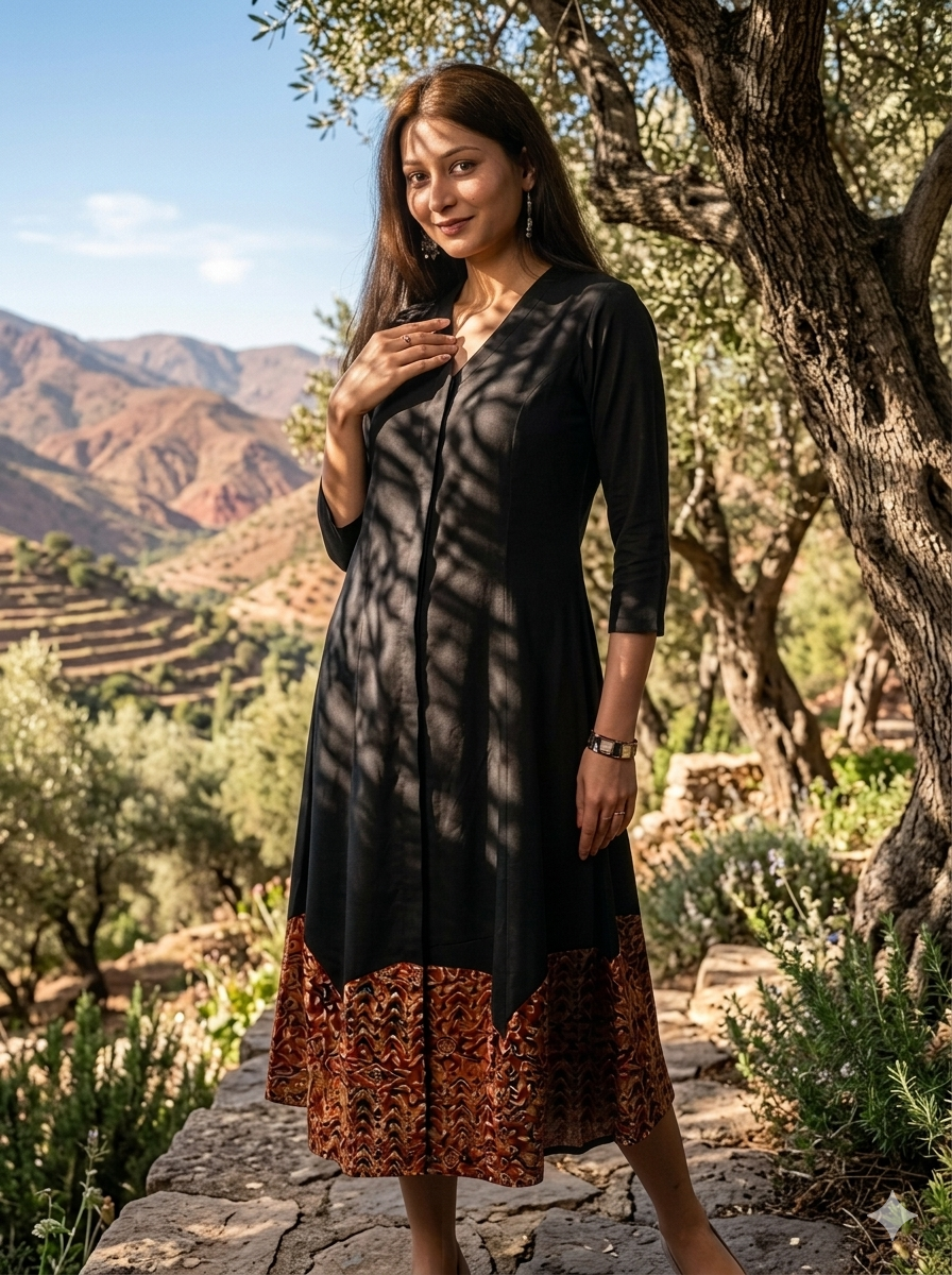 Hand-Loomed Kalamkari Hem Cotton A-Line Midi Dress in Black