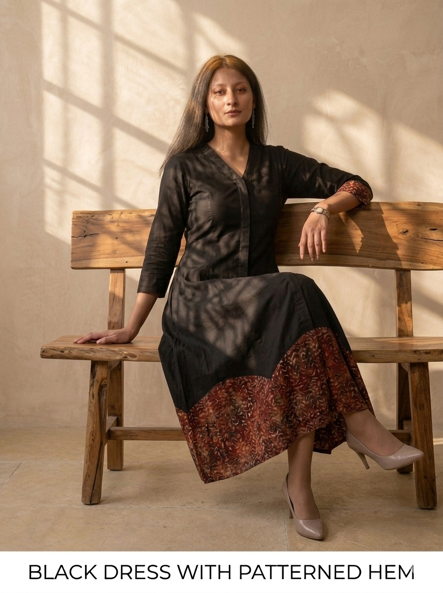 Hand-Loomed Kalamkari Hem Cotton A-Line Midi Dress in Black