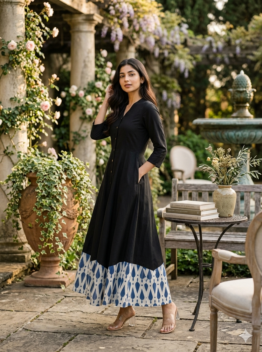 Hand-Loomed Indigo Hem Cotton A-Line Midi Dress in Black