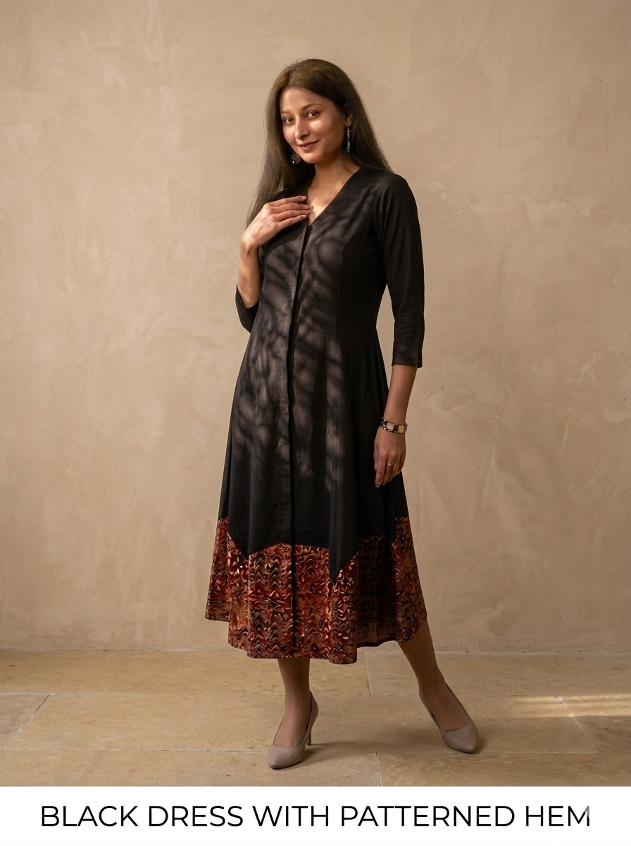 Hand-Loomed Kalamkari Hem Cotton A-Line Midi Dress in Black