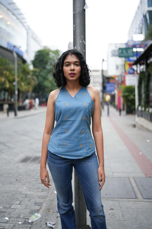 DUSTY BLUE HALTER NECK TOP