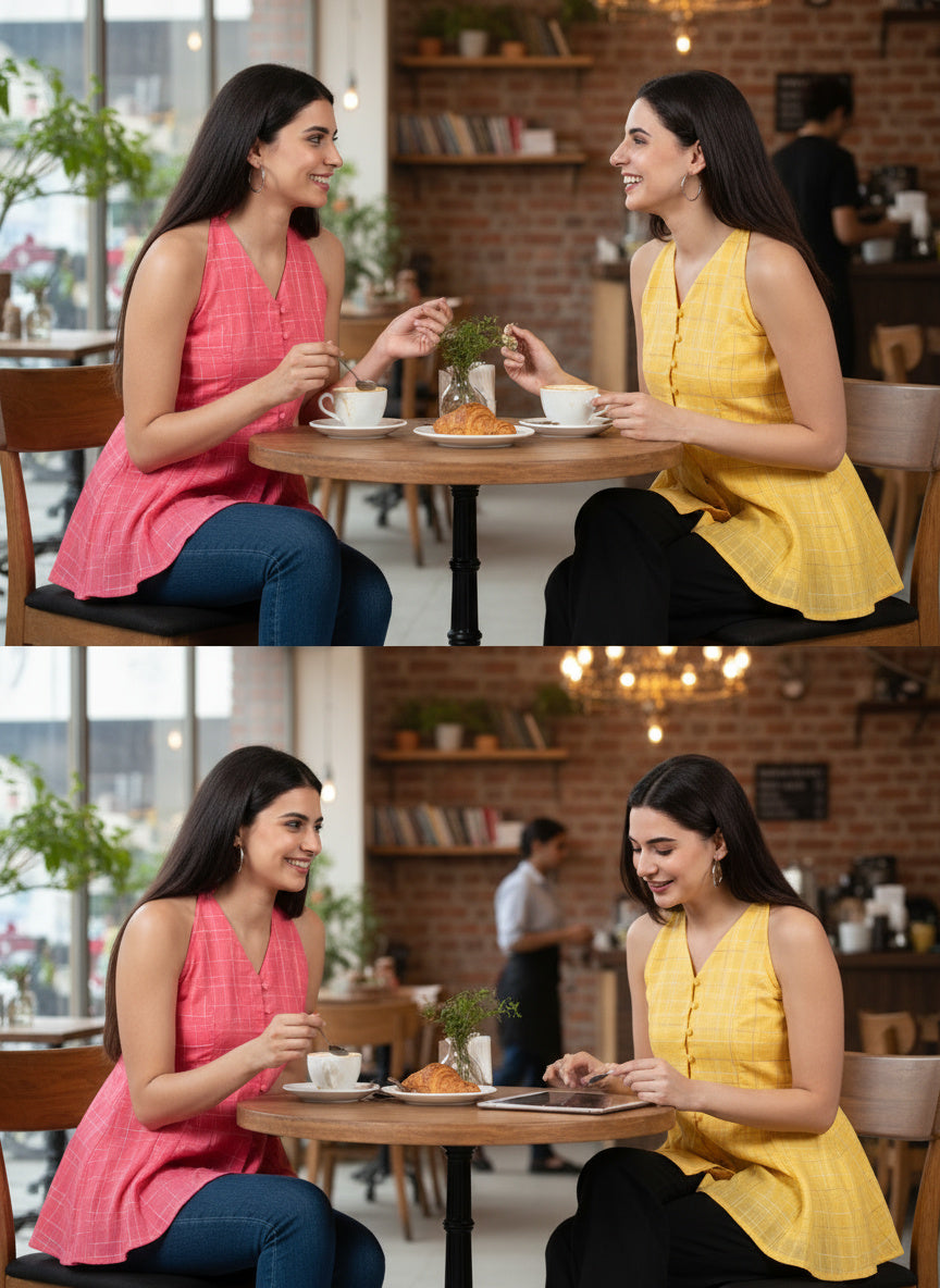 Indyvarna ANAGHA Halter Cotton Tunic – Coral Grid