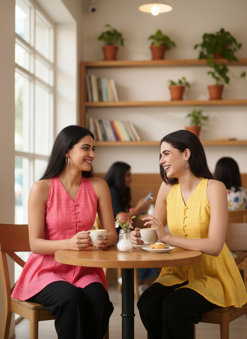 Indyvarna ANAGHA Halter Cotton Tunic – Coral Grid