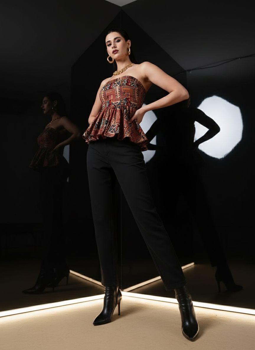 Indyvarna Janya Kalamkari Peplum Top – Rust & Indigo Handblock