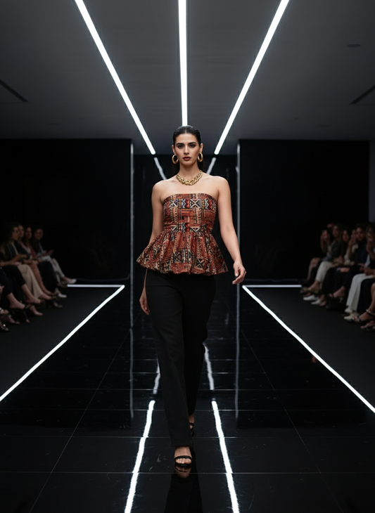 Indyvarna Janya Kalamkari Peplum Top – Rust & Indigo Handblock