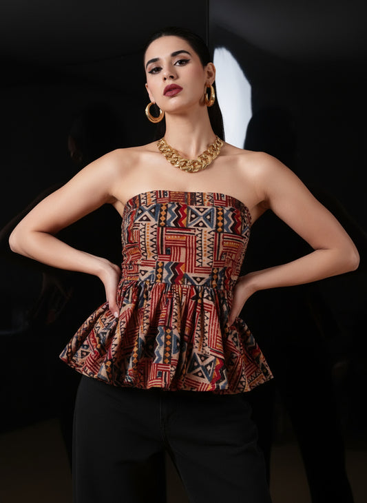 Indyvarna Janya Kalamkari Peplum Top – Rust & Indigo Handblock