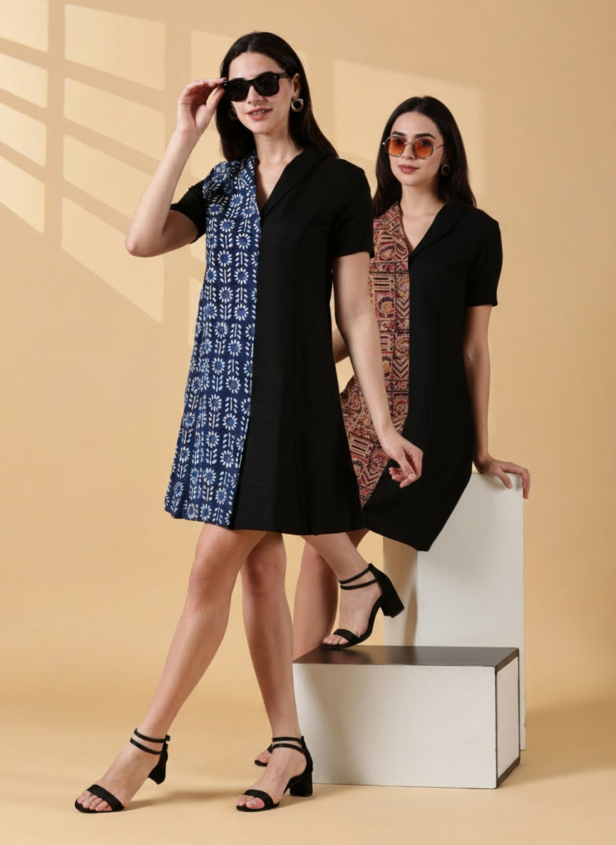 Kaya Half & Half Indigo Cotton Work Dress – Indigo & Black