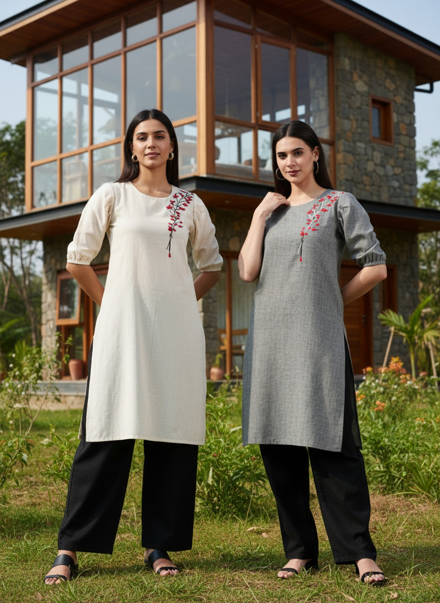 Indyvarna ANVI -Cotton Embroidered Kurta- Ivory Bloom