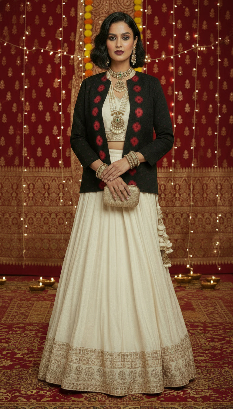 Rich Black with Red Motifs Open Front Cotton Blazer – Rekha Edition