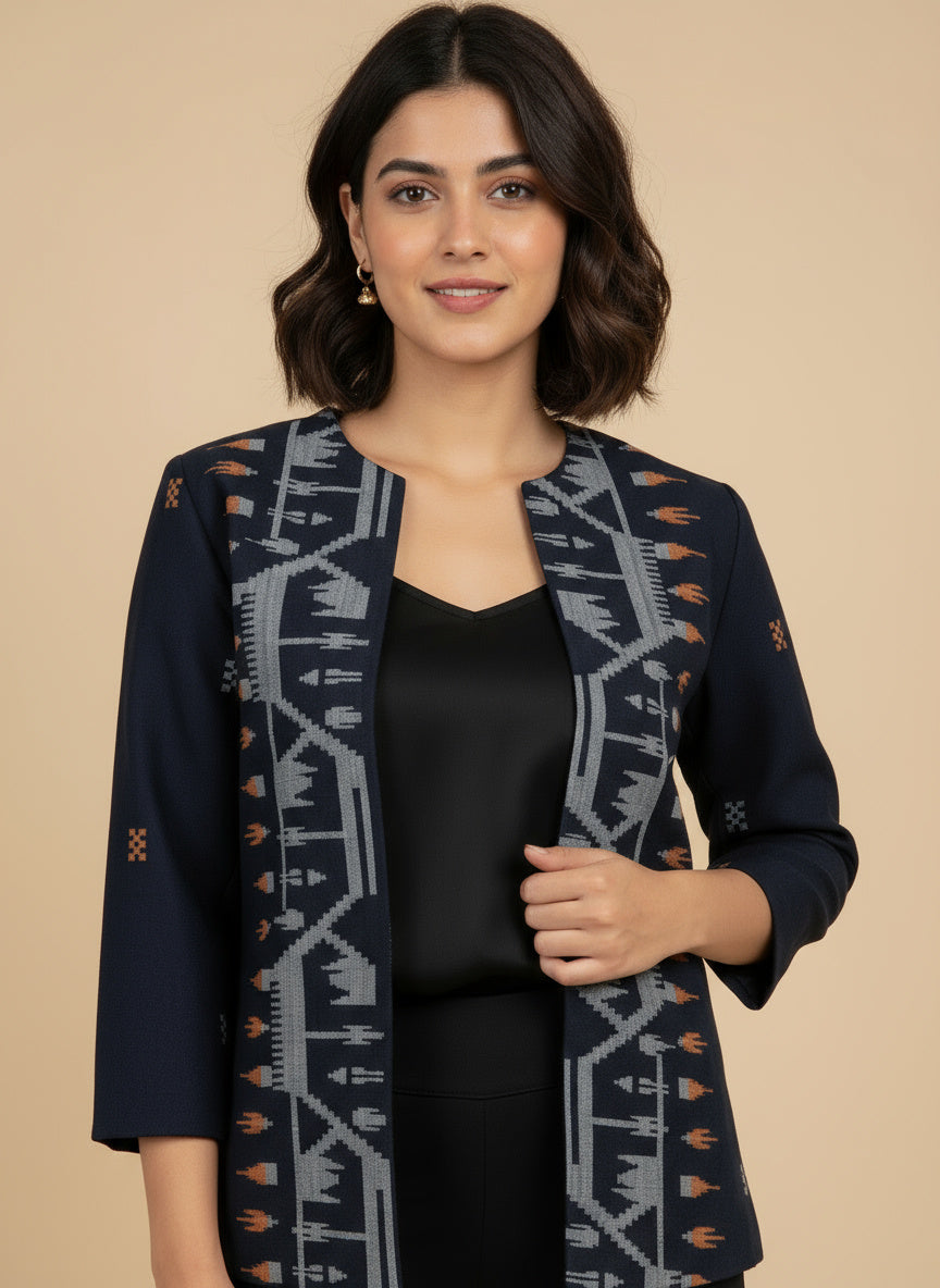 Navy Ikat Handwoven Open Front Cotton Blazer – Rekha Edition