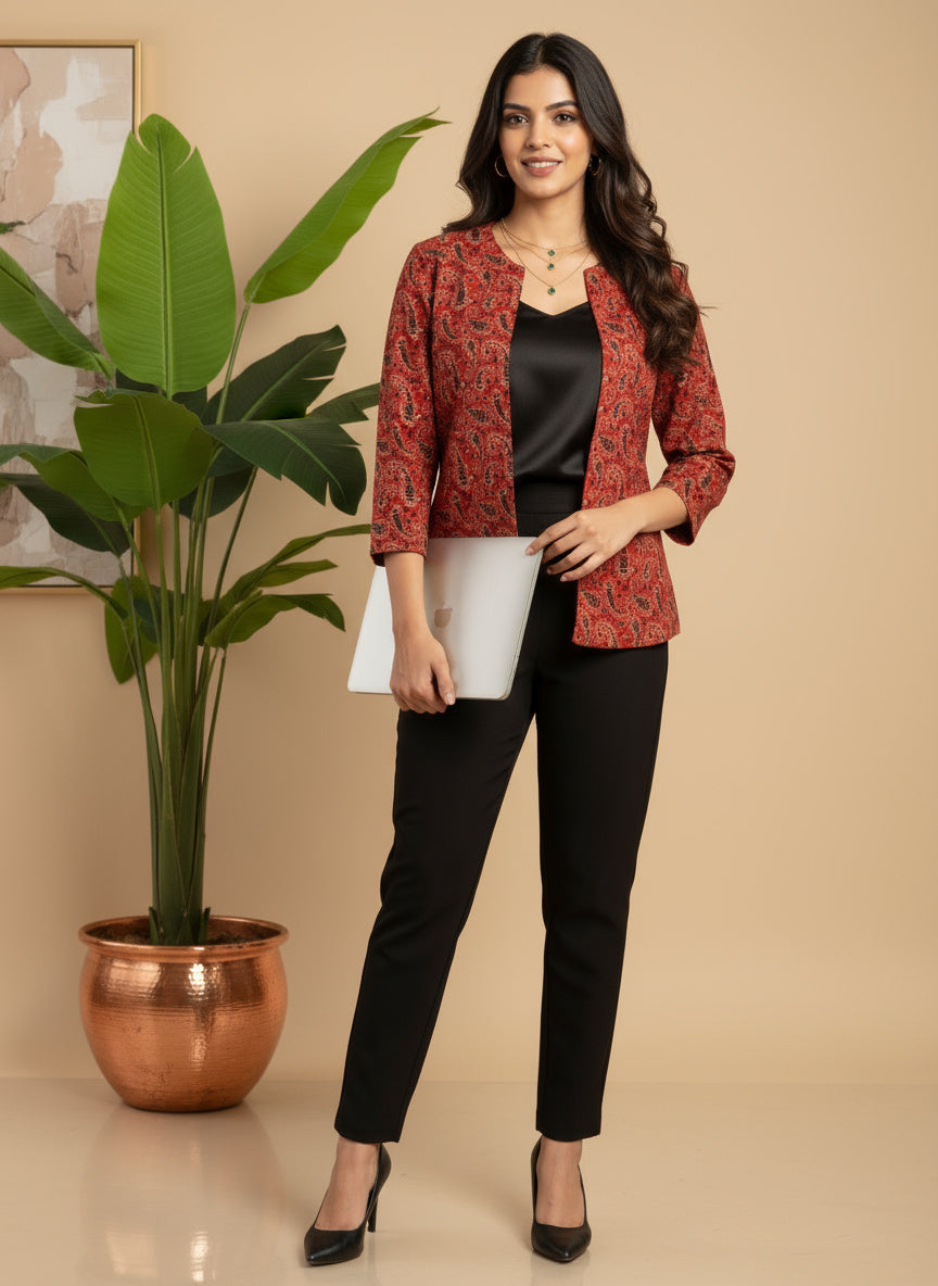 Red Ajrak Block Print - Rekha Handwoven Open Front Cotton Blazer
