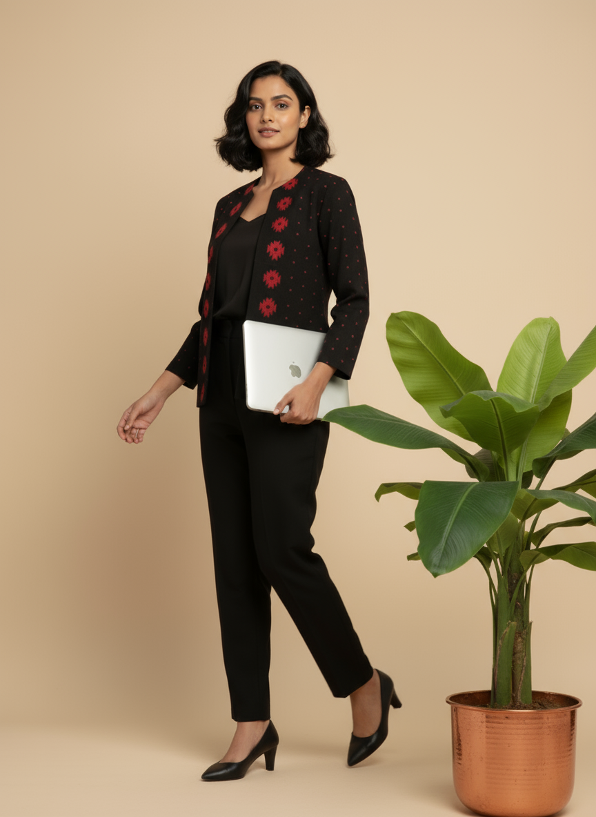 Rich Black with Red Motifs Open Front Cotton Blazer – Rekha Edition