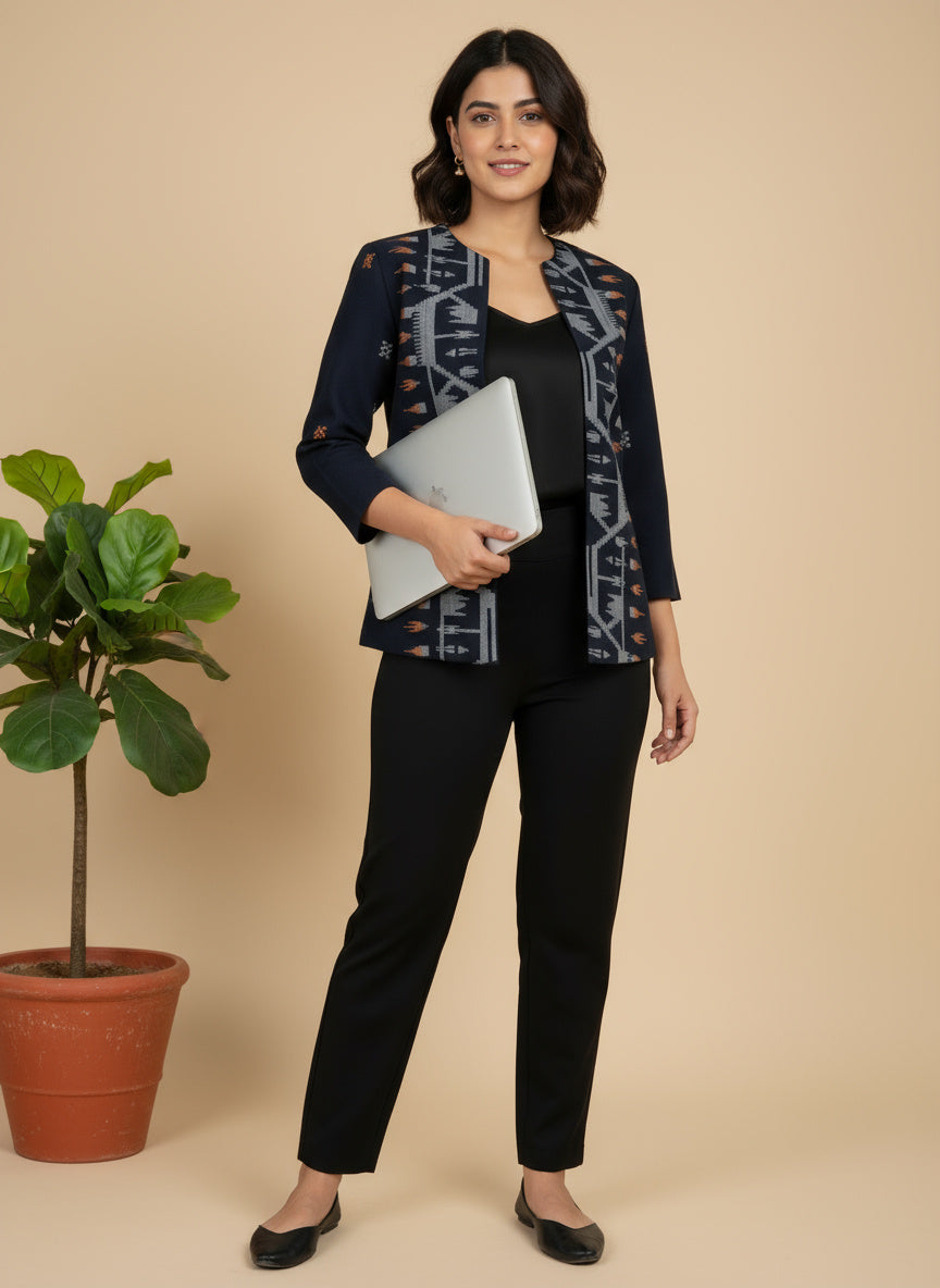 Navy Ikat Handwoven Open Front Cotton Blazer – Rekha Edition