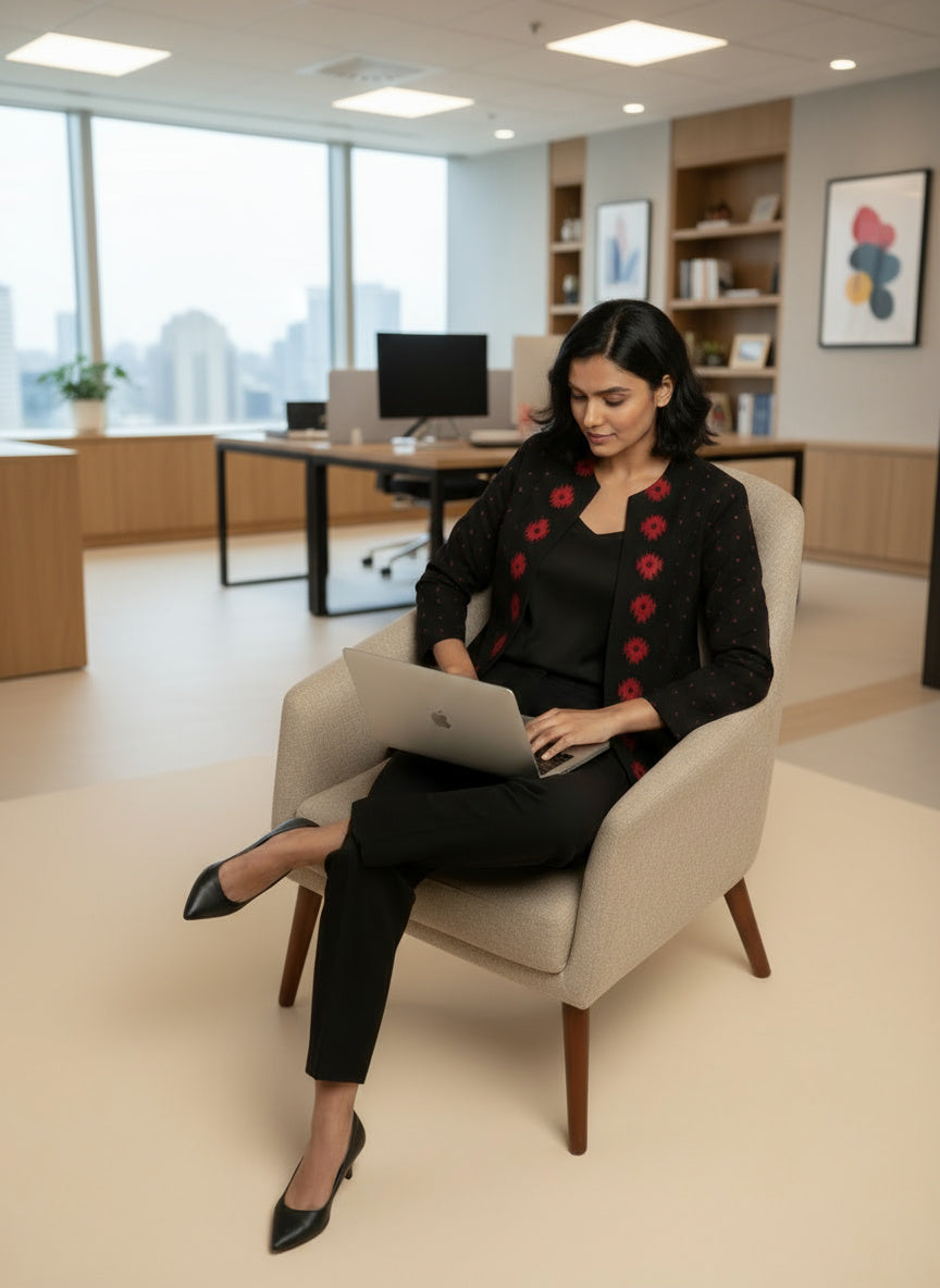 Rich Black with Red Motifs Open Front Cotton Blazer – Rekha Edition