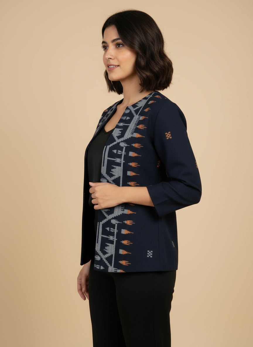Navy Ikat Handwoven Open Front Cotton Blazer – Rekha Edition