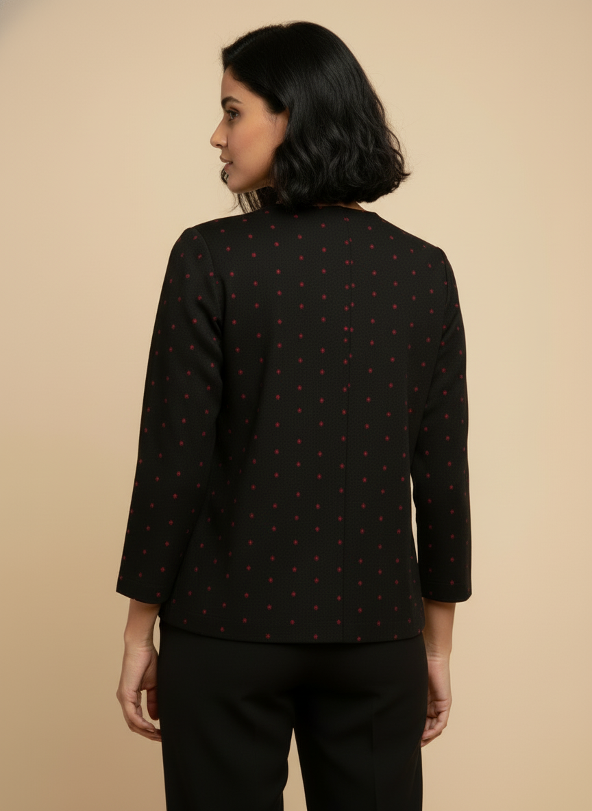 Rich Black with Red Motifs Open Front Cotton Blazer – Rekha Edition