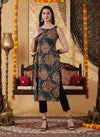 PRAMITI Side-Slit Kurta-Deep Teal Earth Handblock print