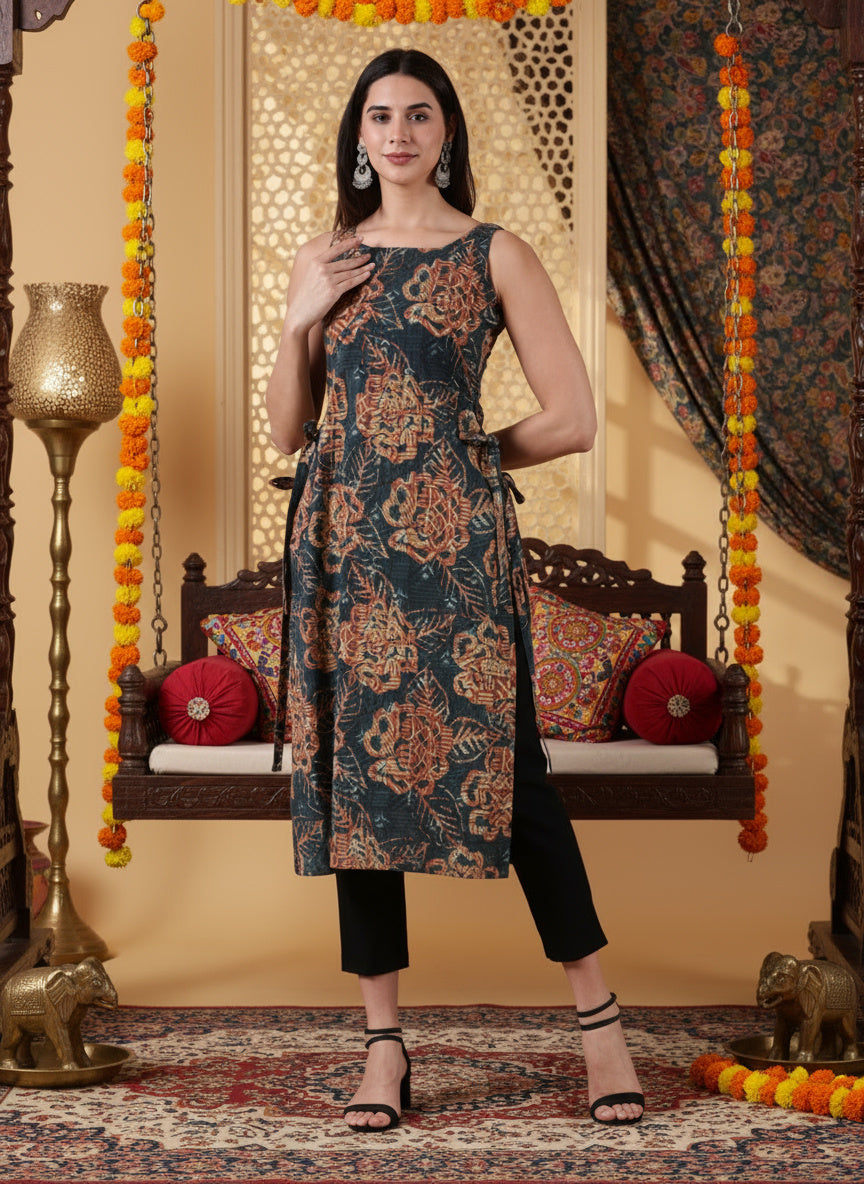 PRAMITI Side-Slit Kurta-Deep Teal Earth Handblock print