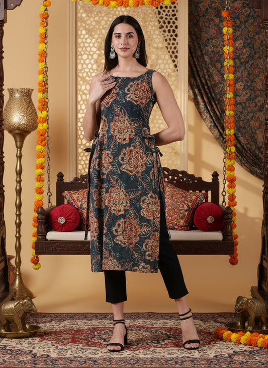 PRAMITI Side-Slit Kurta-Deep Teal Earth Handblock print