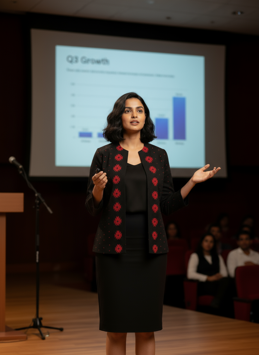 Rich Black with Red Motifs Open Front Cotton Blazer – Rekha Edition