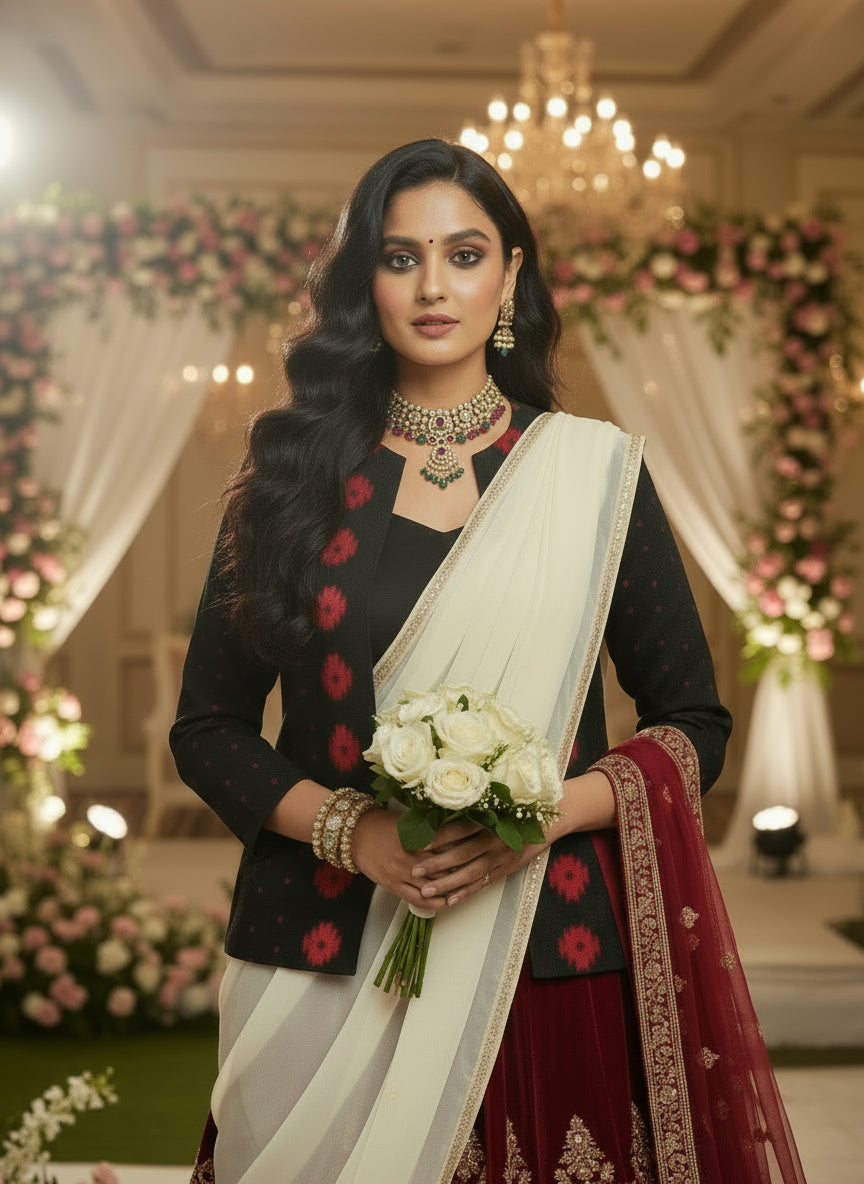 Rich Black with Red Motifs Open Front Cotton Blazer – Rekha Edition