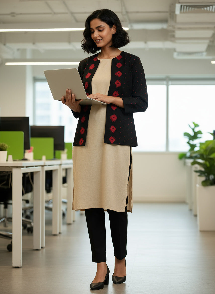 Rich Black with Red Motifs Open Front Cotton Blazer – Rekha Edition
