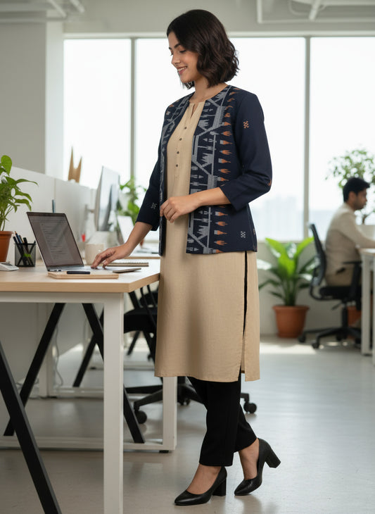 Navy Ikat Handwoven Open Front Cotton Blazer – Rekha Edition