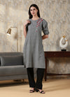 Indyvarna ANVI- Cotton Embroidered Kurta – Slate Grey Bloom