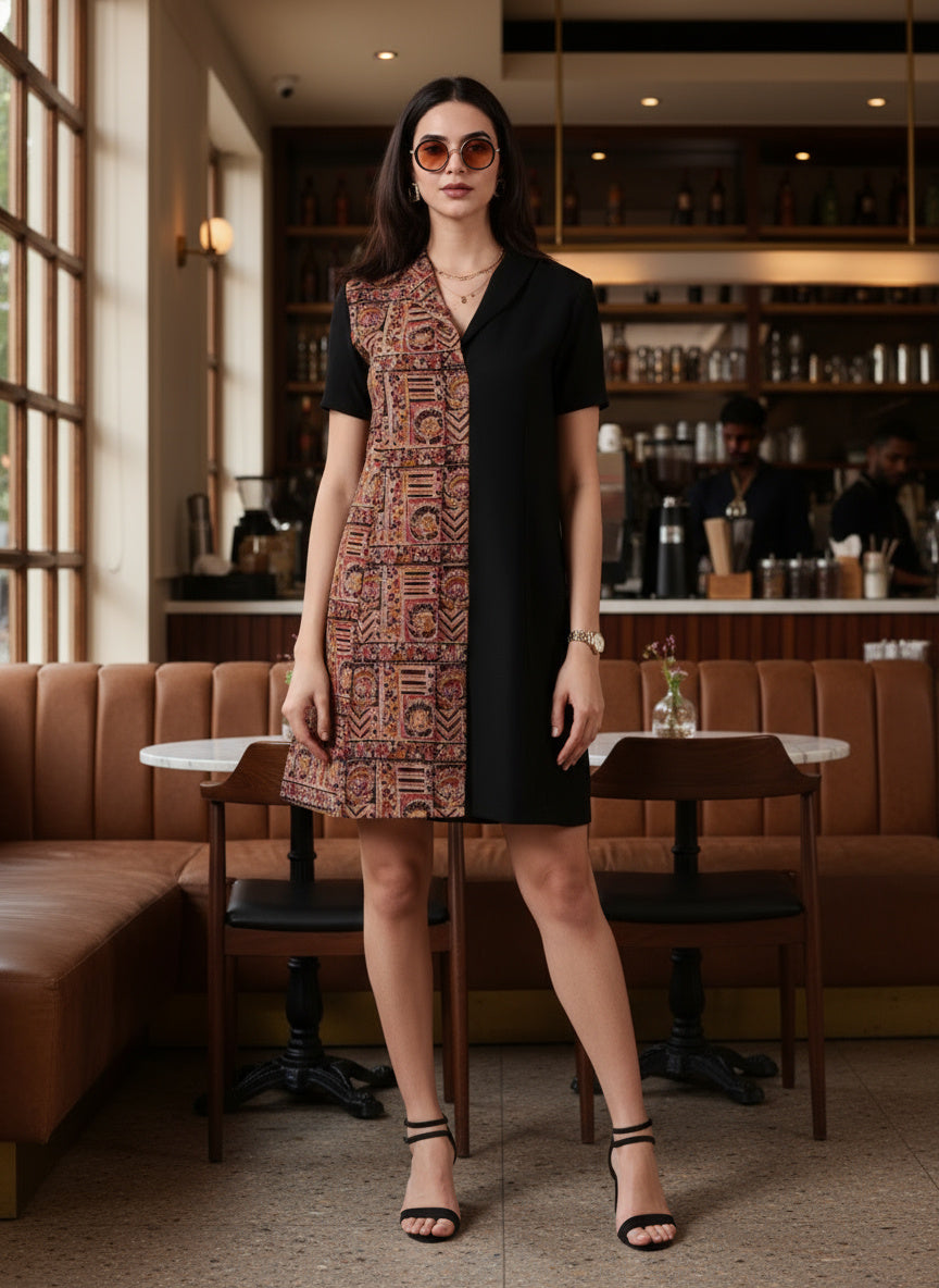 Kaya Half & Half Cotton Work Dress – Kalamkari & Black
