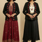 Rich Black with Red Motifs Open Front Cotton Blazer – Rekha Edition