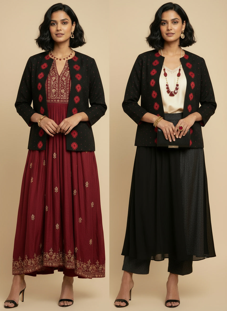 Rich Black with Red Motifs Open Front Cotton Blazer – Rekha Edition