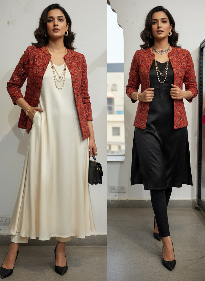 Red Ajrak Block Print - Rekha Handwoven Open Front Cotton Blazer