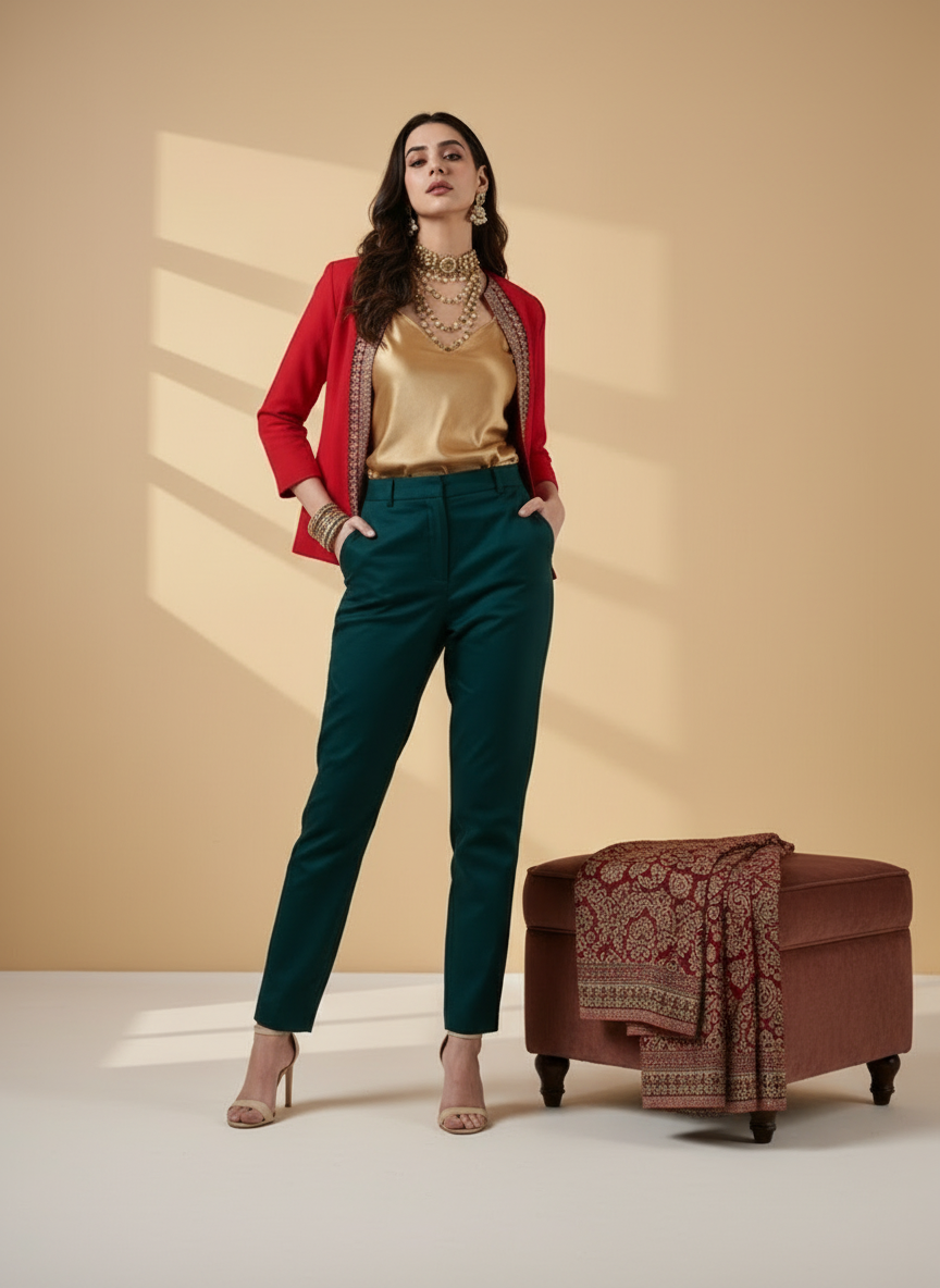 Festive Red Handwoven Cotton Open-Front Blazer – Rekha Edition