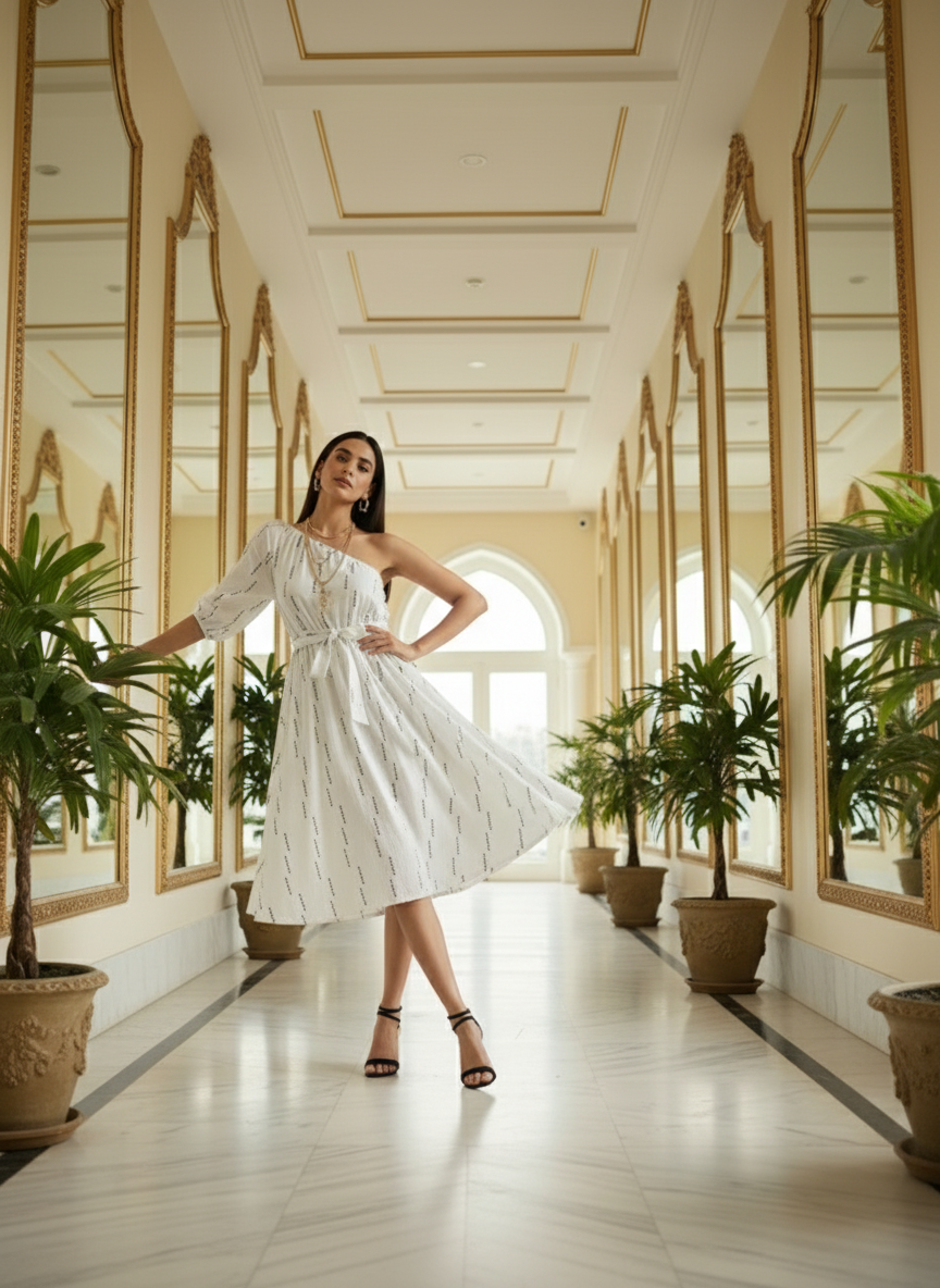 Selene One-Shoulder White Midi Dress