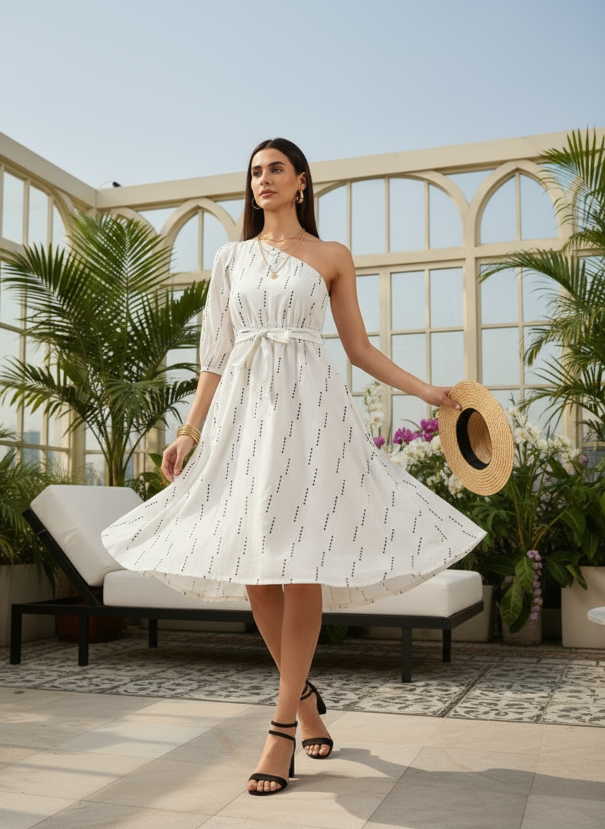 Selene One-Shoulder White Midi Dress