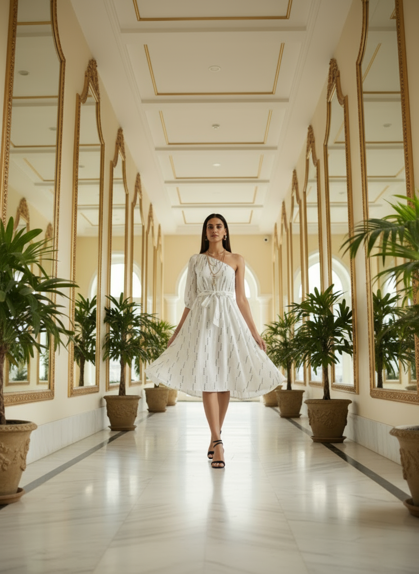 Selene One-Shoulder White Midi Dress